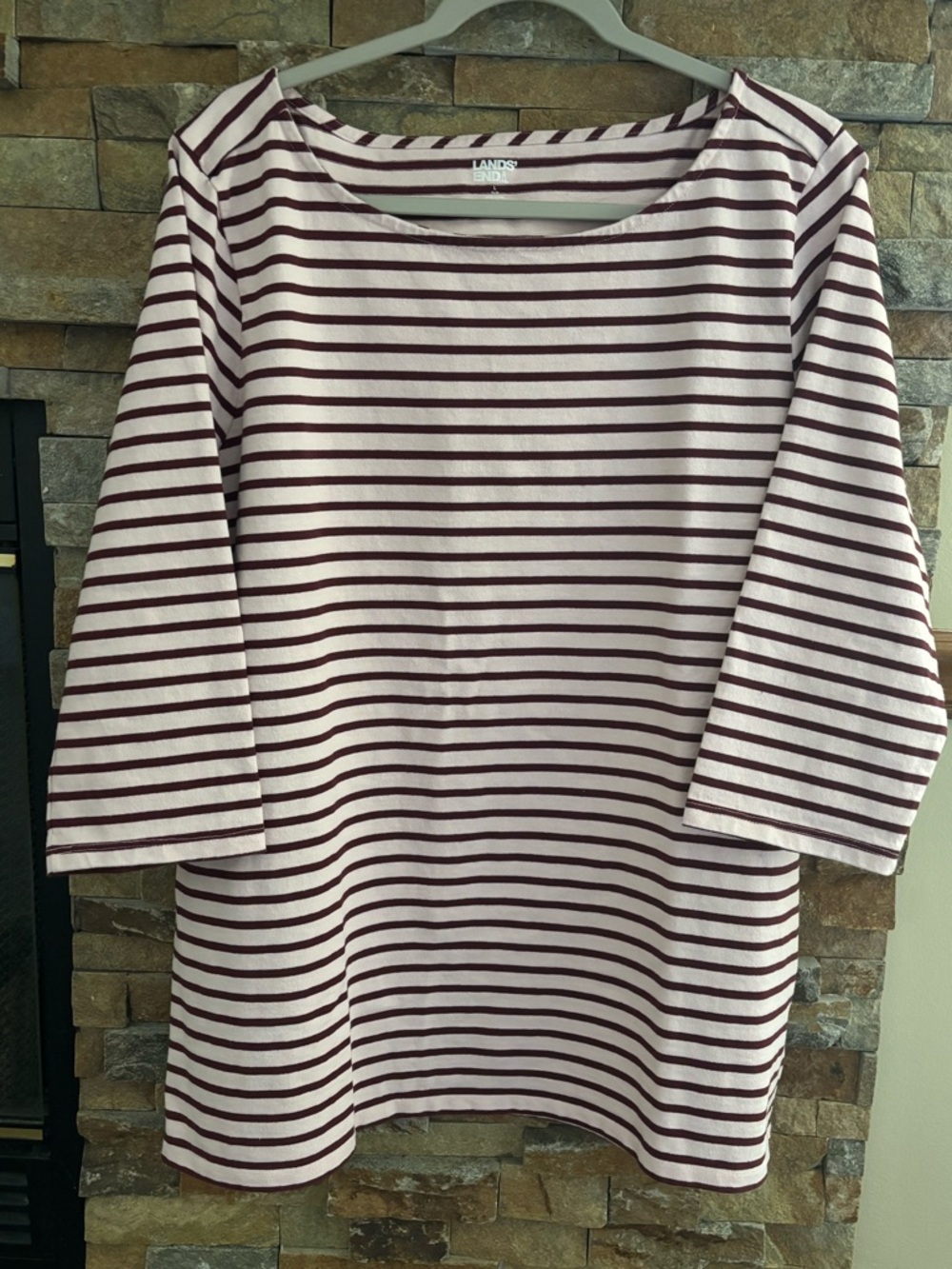 Lands’s End Light Pink Top with Burgundy Stripes size L -3/4 sleeves -boat neck